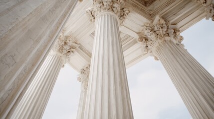 Obraz premium Classical Architecture: Majestic White Marble Columns Supporting an Ornate Structure Against a Soft Sky