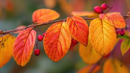 Autumn Leaves and Berries: Vibrant Fall Foliage with Red Berries on a Branch