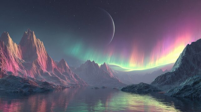 Spectacular Aurora Borealis Reflecting on Water with Rocky Mountains and a Crescent Moon at Night