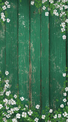 st. patrick's day-themed photography backdrop for children, with white clovers on green wooden planks. the wood has some subtle textures and is painted in shades of forest green. St patrick’s day back