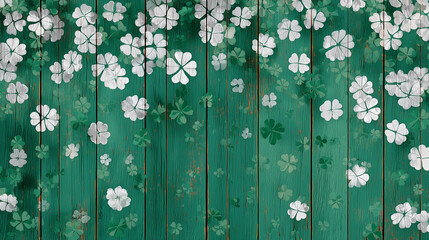 st. patrick's day-themed photography backdrop for children, with white clovers on green wooden planks. the wood has some subtle textures and is painted in shades of forest green. St patrick’s day back