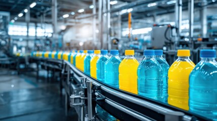 Fototapeta premium Bottling Plant Conveyor Line Filled with Refreshing Yellow and Blue Beverages in Plastic Bottles