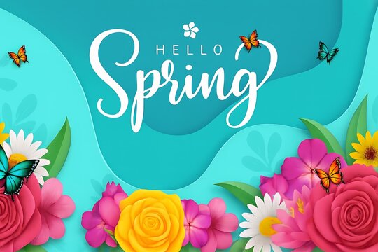 Illustration of hello spring greeting card with colorful flower border and butterfly - Powered by Adobe