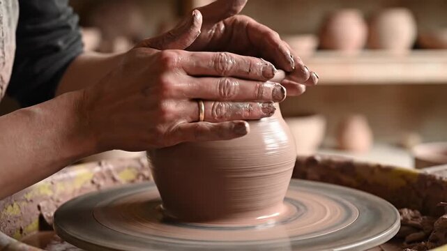 Hands shape wet clay on a spinning pottery wheel in a detailed close up shot showcasing traditional artisan craft and creative process