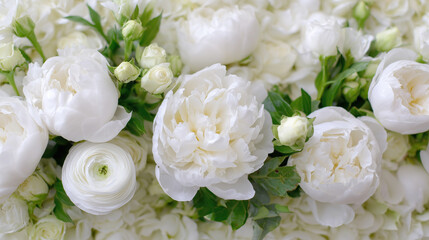 Fototapeta premium 2026 color trend. White peonies, roses, and ranunculuses create a stunning floral wall, showcasing delicate textures and lush greenery for a beautiful decorative display
