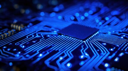 Blue Lit Computer Chip with Interconnected Circuitry for Tech Industry Innovations and Advancements
