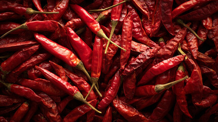 Close-up of dried red chilies forming a vibrant hot chili background.