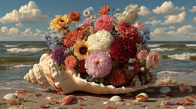 Vibrant beach flowers in large seashell high resolution picture