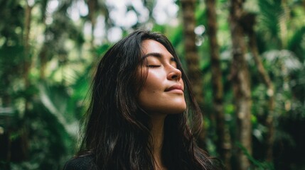 Serene Woman Meditating in Lush Green Forest: Finding Peace and Tranquility in Nature
