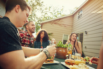 Conversation, barbecue and group of friends in backyard with food at event for bonding together. Happy, eating and people at bbq with social reunion with meal, dinner or supper outdoor of apartment.