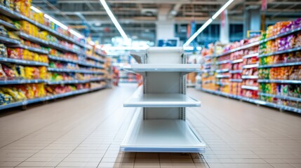 Naklejka premium Empty Shelves in a Supermarket Aisle Emphasize Supply Chain Issues and Consumer Concerns in Retail