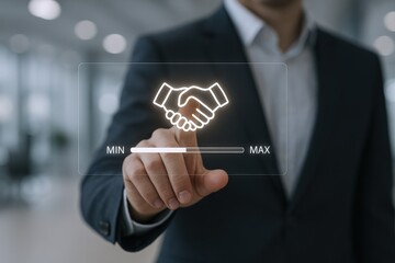 Obraz premium Business Partnership and Collaboration Concept: Businessman Reaching for Handshake Icon on Virtual Screen