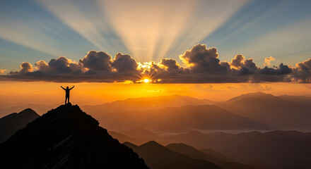 Silhouette of a person with arms raised on a mountain peak at sunrise.