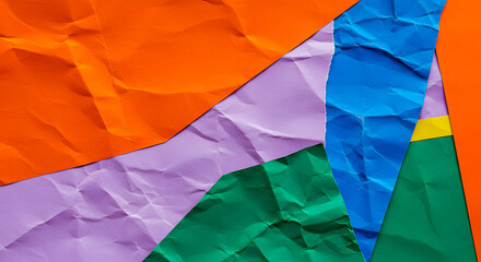 Vibrant abstract collage of crumpled colored paper pieces creating a dynamic and textured geometric background design, perfect for creative projects