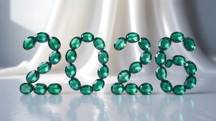 Emerald green gemstones forming the year 2026 on a shiny white surface