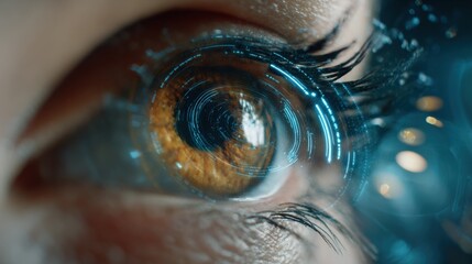 Human eye with futuristic digital interface elements conveying advanced technology and human-machine interaction concept
