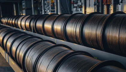 Rows of neatly organized spools featuring intricate windings of dark, durable wire within a busy factory setting, showcasing industrial efficiency and readiness