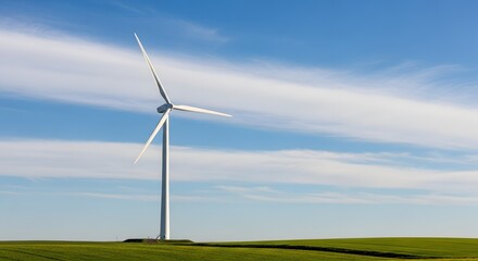Single Wind Turbine Generating Clean Energy Under a Blue Sky with Wispy Clouds.