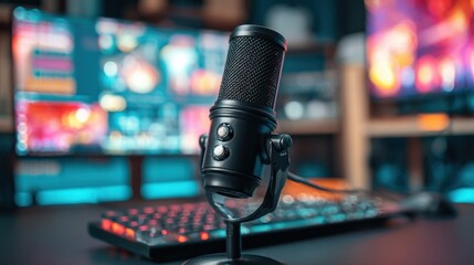 Professional microphone on desk setup for podcasting, streaming or voice over recording in home studio
