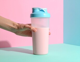 Fitness nutrition concept - Hand holding protein shaker cup against pastel gradient background