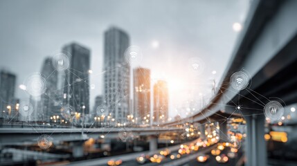 Modern Cityscape with Digital Network Overlay Illustrating Connectivity and Smart Technology Integration in Urban Environments