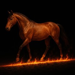 Realistic brown horse walking through a glowing fiery path against a dark background with dramatic lighting