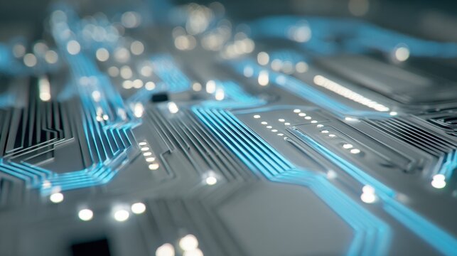 Abstract Circuit Board Design with Blue Light Trails for High Tech Innovation and Modern Technology - Powered by Adobe