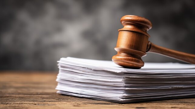 Gavel Resting on Stack of Documents Symbolizing Justice, Legal System, Court Decisions, and Regulatory Compliance