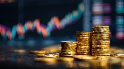Stack of gold coins against stock market graph background symbolizing investment growth