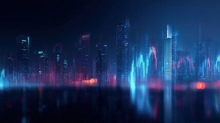 Abstract Futuristic Cityscape at Night with Neon Lights and Digital Network Overlay Visualization