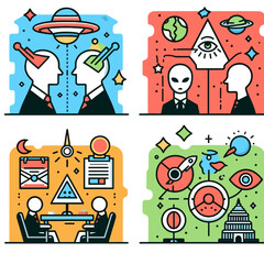 Conspiracy theory illustrations featuring aliens, symbols, and space elements  