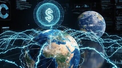 Global Financial Network & Data Flow: Digital Dollar Sign, Earth Globes, and Interconnected Technology Visualization for Worldwide Business and Eco... - Powered by Adobe
