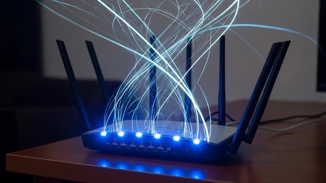 Futuristic router emitting glowing streams of data, representing high-speed internet connectivity