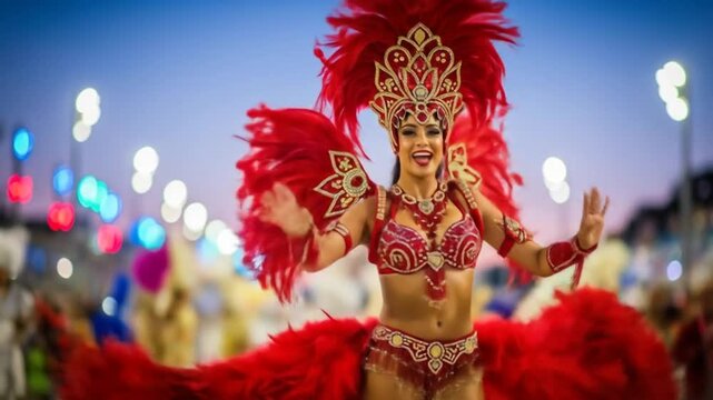 Captivating Carnival Dancer in Vibrant Red Costume at Rio de Janeiro Parade Celebration