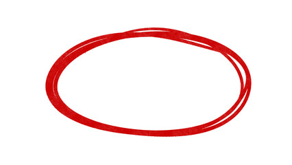 Hand-drawn red oval or circle for emphasis on transparent background. The stroke shows natural irregularities and texture, rough. For highlighting, circling, or drawing attention to specific area. PNG