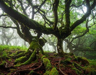 Old wry trees with twisted&nbsp;branches covered with moss in a dark green spooky fairytale elvish forest. 