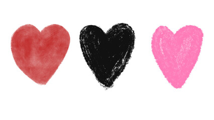 Three hand painted hearts in red, black, and pink on transparent background. Artistic texture and brushstroke style. For Valentine's Day, love-themed designs, or romantic creative projects. PNG
