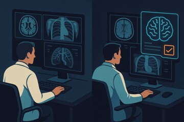 Medical professional analyzing complex health data on multiple monitors featuring brain and lung scans, showcasing advanced diagnostic technology and innovative healthcare solutions