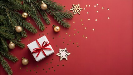 Festive christmas arrangement with gift ornaments and decorations on red background