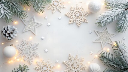 Elegant white christmas decoration with snowflakes ornaments and pine branches