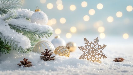 Snowy christmas tree with ornaments and snowflake decoration with bokeh lights