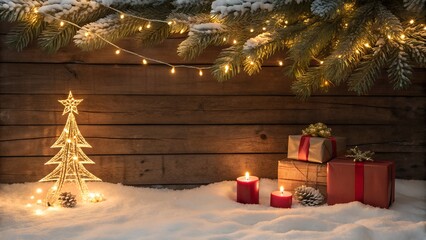 Cozy christmas scene with tree lights gifts and candles on rustic wood
