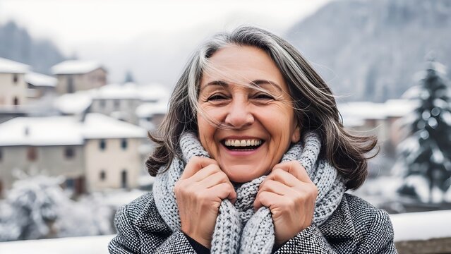 Happy mature woman with grey hair smiling and laughing, dressed warmly in a knitted scarf and coat, standing outside in a snowy winter village scene. - Powered by Adobe