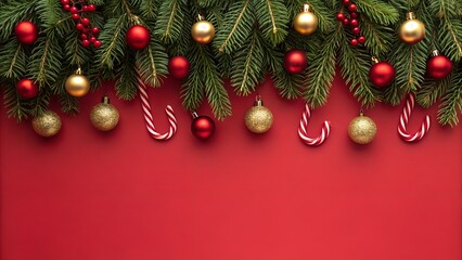 Festive christmas garland with ornaments and candy canes on red background