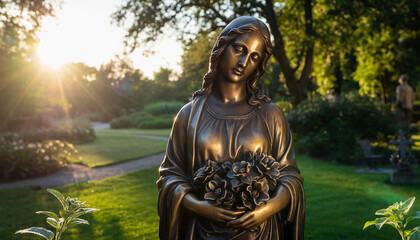 Bronze Statue of a Woman Holding Flowers in a Garden at Sunset