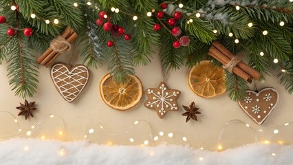 Christmas decoration with gingerbread dried oranges cinnamon and lights on beige