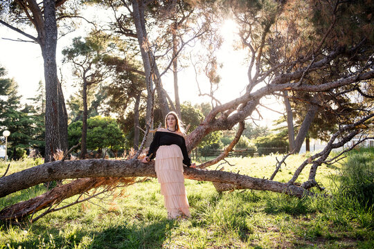 Young pregnant woman in nature with sunlight