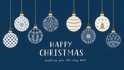 Elegant christmas baubles on dark blue background with holiday greeting