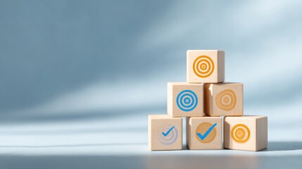 Obraz premium Stack of wooden cubes featuring goal, and complete icons against an abstract blue background