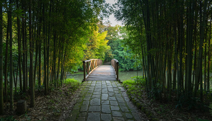 Serene wooden bridge path through lush green bamboo forest leading to a tranquil natural landscape